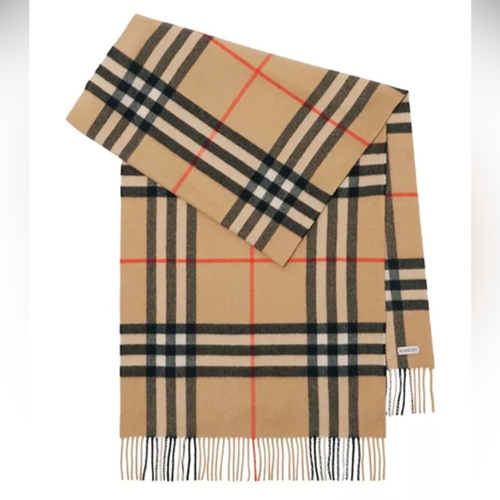 NWT Burberry Check Cashmere Scarf Tan Beetroot Classic Plaid